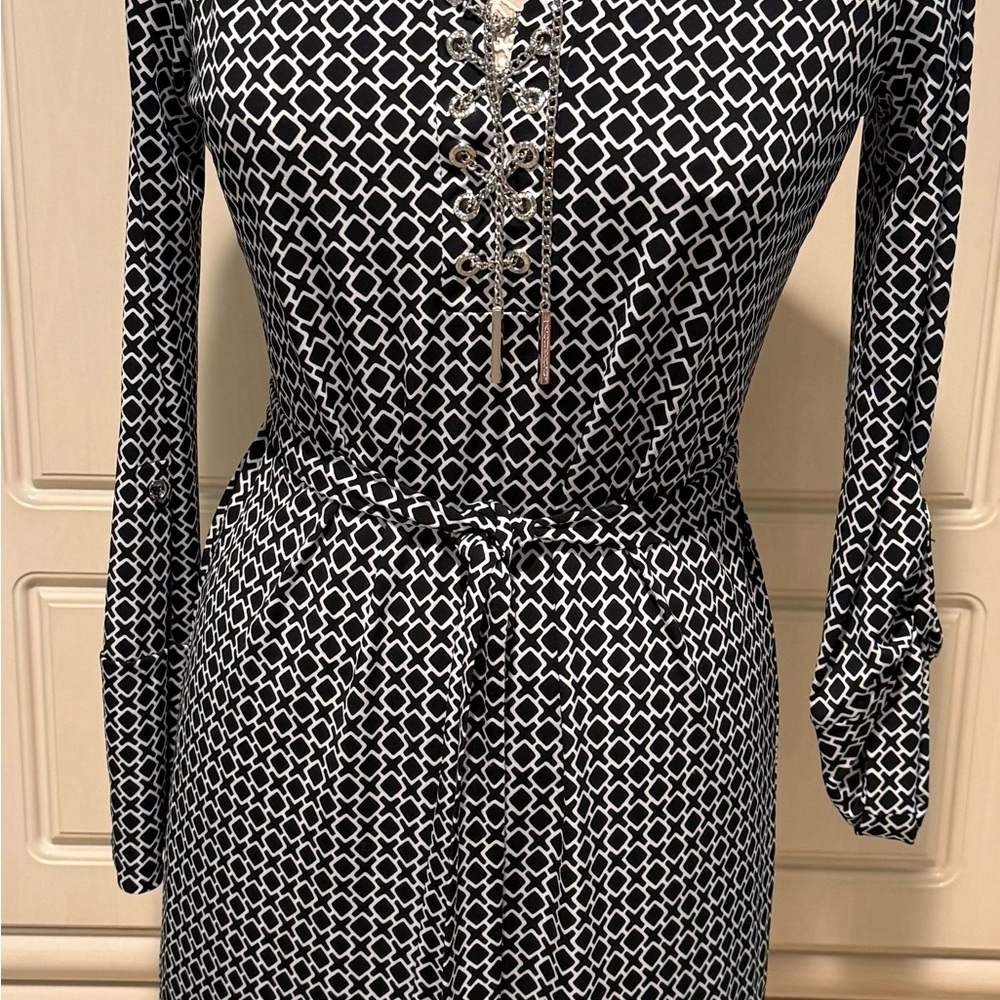 Michael Kors Black and White Patterned Long Sleeve Dress